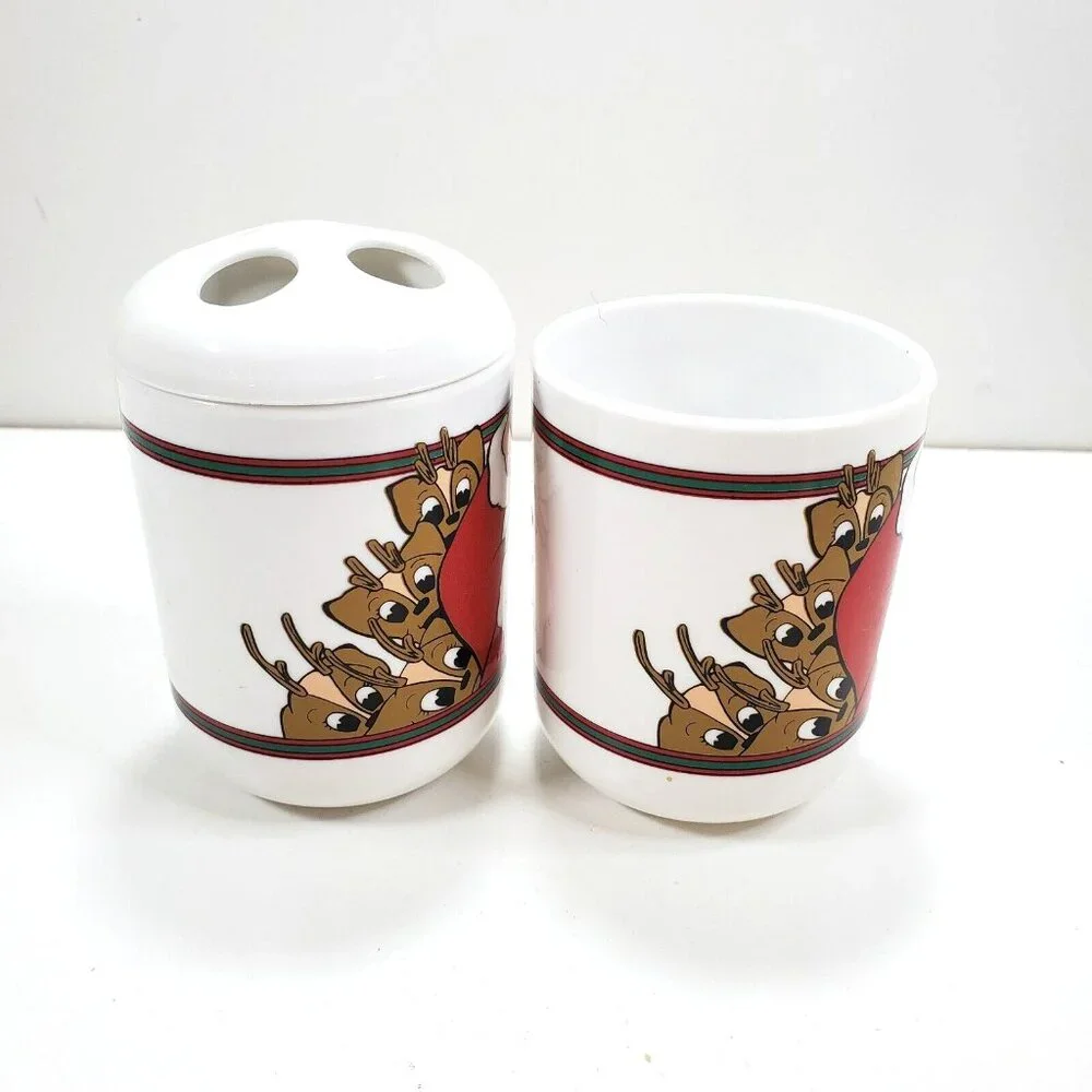 Vtg White Plastic Santa Claus Reindeer Christmas Bathroom Toothbrush Holder Cup